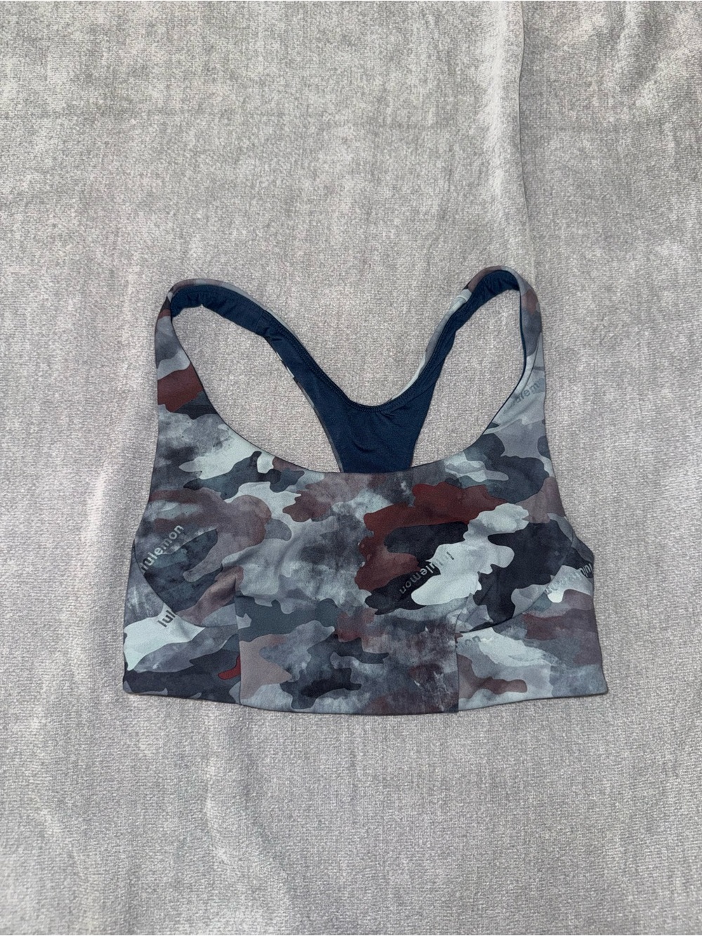 Lululemon gray Wunder Train Bra in color Heritage Camo Wash mineral blue multi